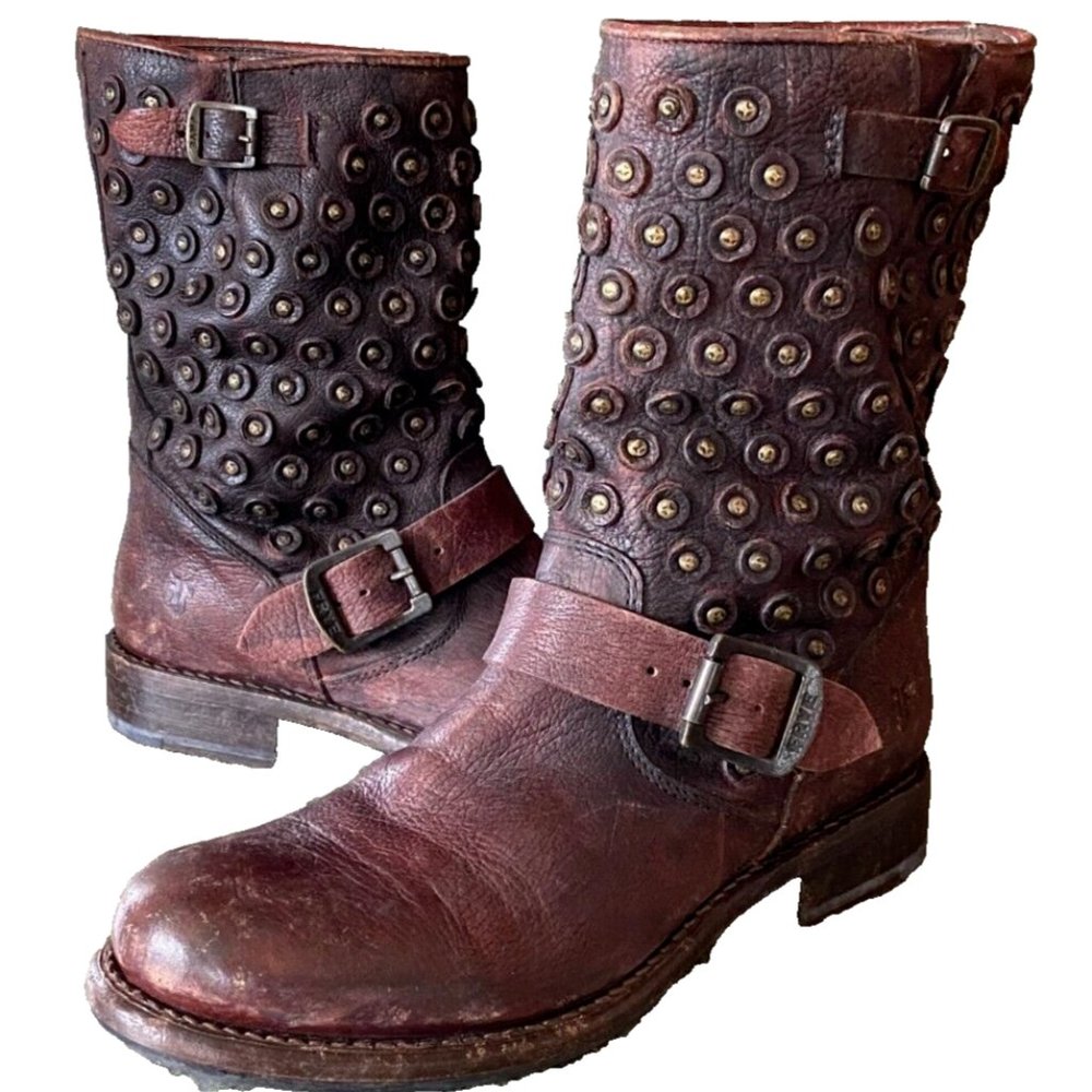 Frye Jenna Disc Short Cognac Brown Antiqued Leather Moto Boots Size 8 $358.